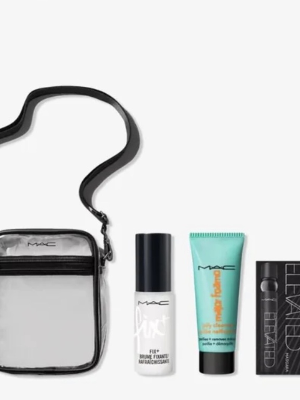 MAC Cosmetics Clear Crossbody Pouch with Black Trim and Mini Beauty Set